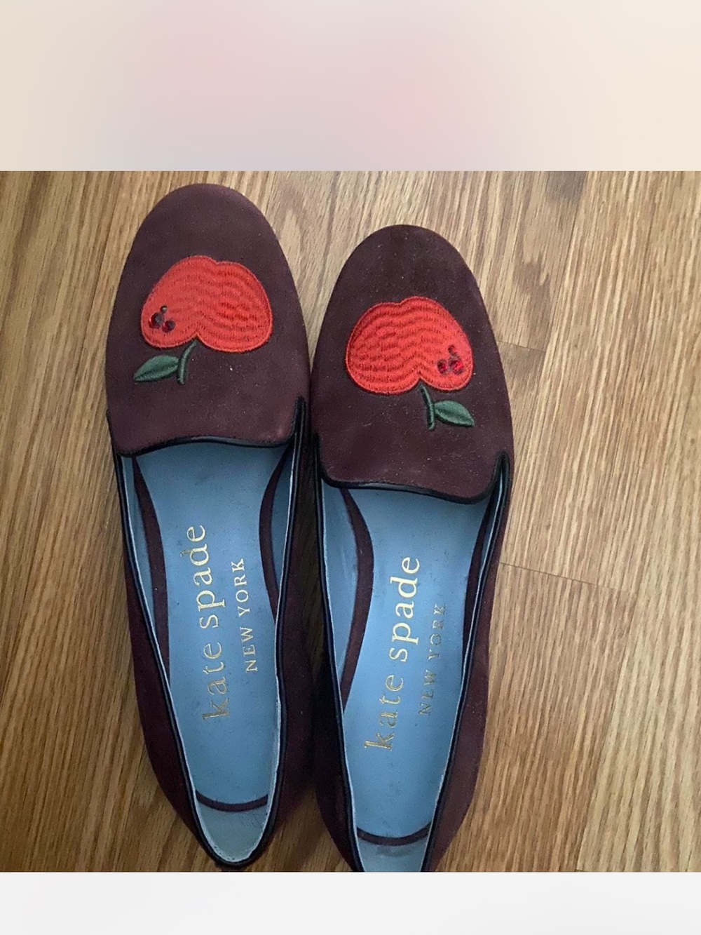 kate spade Burgundy Suede Flats with Red Floral Patch